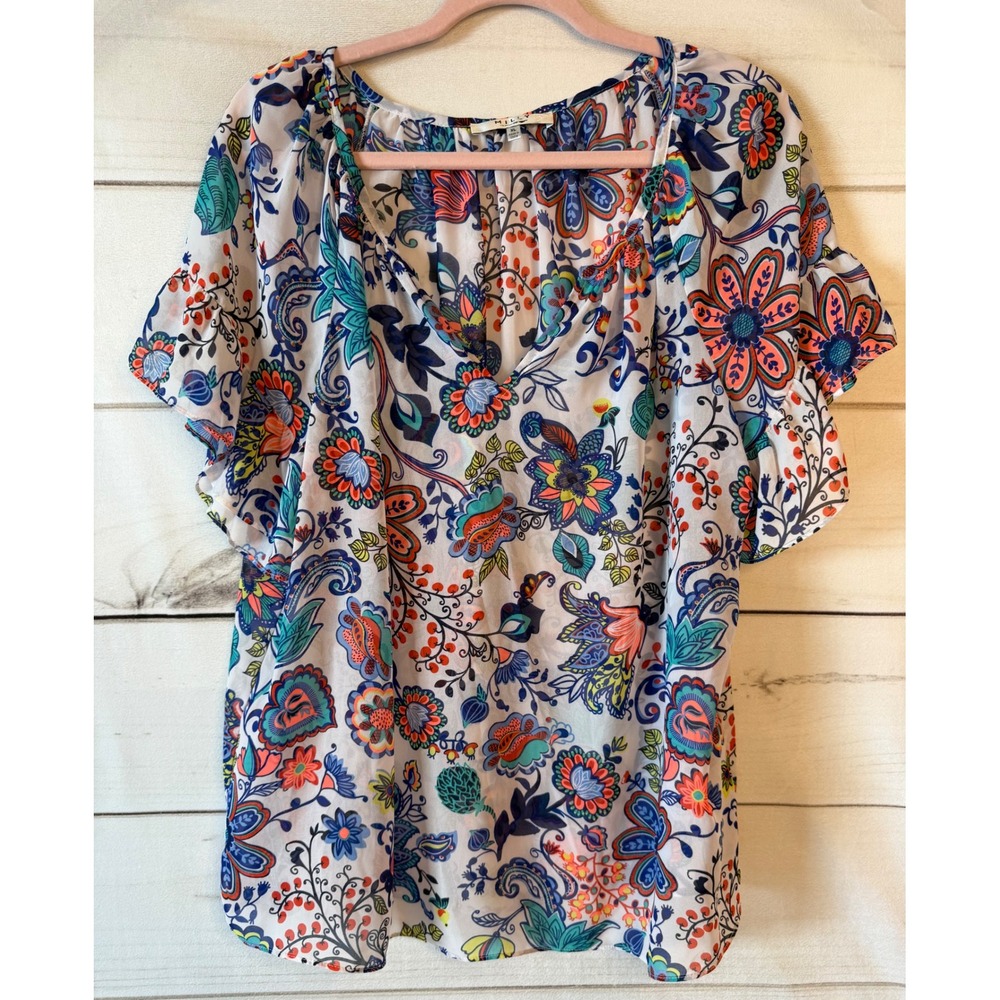 Milly for Design Nation Floral Paisley V-Neck Flutter Sleeve Blouse Multi XL